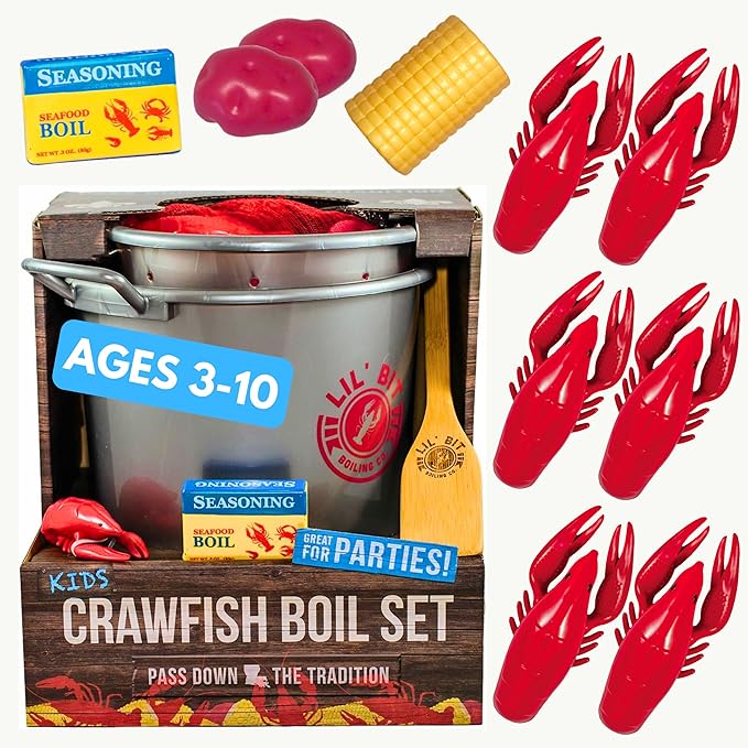 Lil' Bit Boiling Co. Kids Louisiana Crawfish Boil Playset - Toy Food Kitchen Set for Children with Pot, Strainer, Wooden Paddle and Accessories
