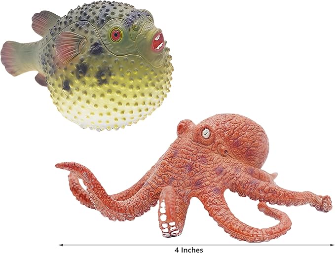 Gemini&Genius Pufferfish and Octopus Toys for Kids, Sea Animals Action Figure Set, Pufferfish and Octopus Hard Plastic Figurines, Sea Life Educational Gifts, Play&Display, Collection Models for Kids