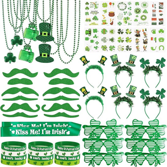 117Pcs St. Patrick's Day Party Favors Supplies Include Necklace, Shamrock Shutter Shades Glasses, Tattoos, Mustache, Bracelets, Kiss Me I'm Irish Sash for Kids St Patrick's Day Party Accessories Decor