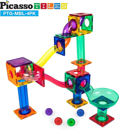 PicassoTiles 4pc Marbles for Magnetic Block Tiles Marble Run Race Track Magnet Building Tile Blocks Racetrack Maze Construction Toys Creative Toy Girls Boys 3 and Up Early Education STEM Learning Kit
