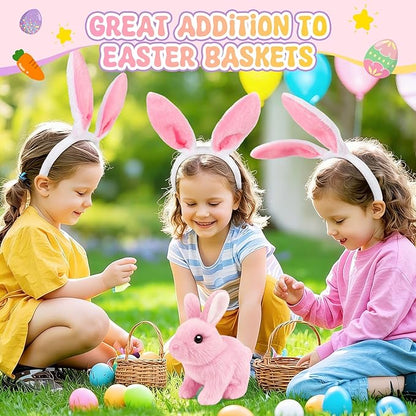 Realistic Bunny for Kids - Interactive Hopping Bunny Toy Set with Bunny Ears, Electric Lifelike Robot Rabbit that Move, Walking Barking and Wagging Tail Bunby Stuffed Animal with Sounds, Pink