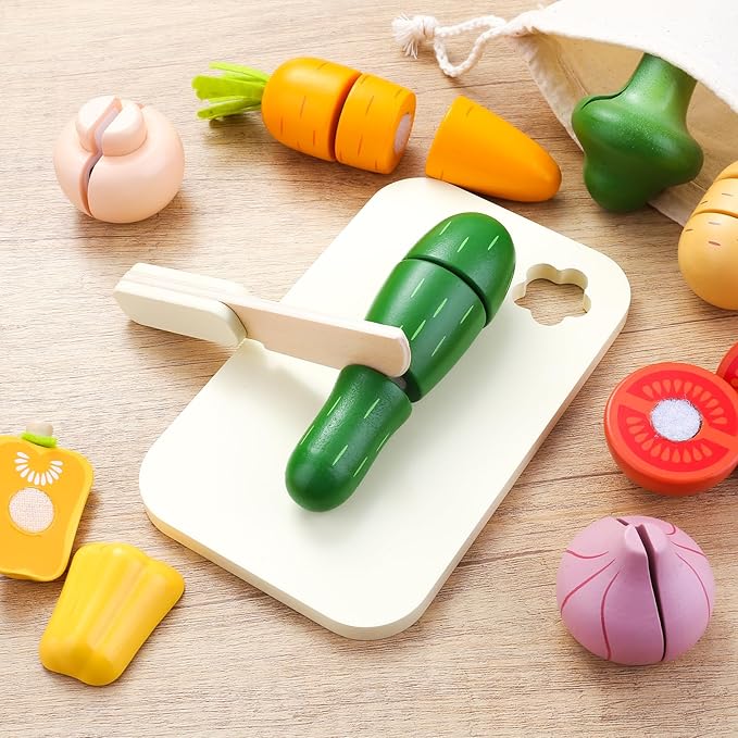 Cutting Vegetable Set - Wooden Play Food Kitchen Accessory, Multi - Pretend Play Accessories, Wooden Cutting Fruit Toys for Toddlers and Kids Ages 3+
