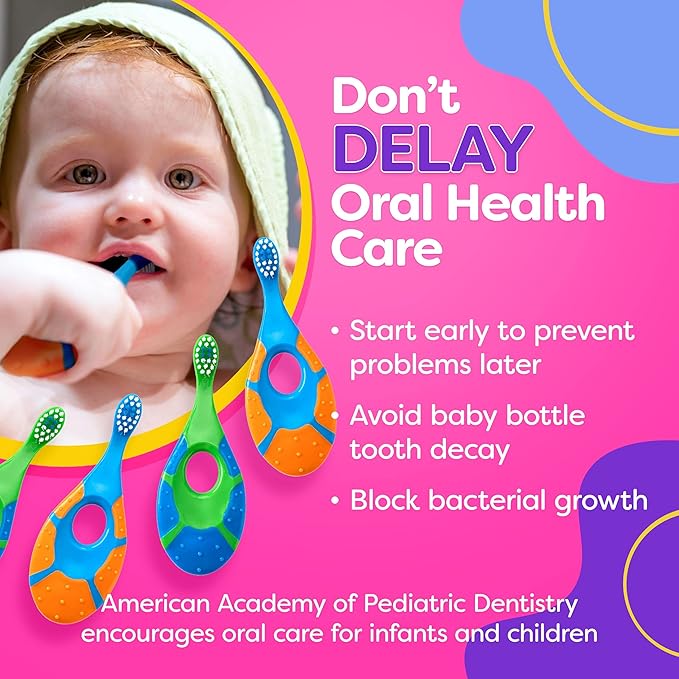 Trueocity Baby Toddler Toothbrush 4 Pack, Soft Bristles, Teething Finger Handle Toothbrushes for 0-2 Years - Training First Set (Blue, Green, Orange) - BPA Free