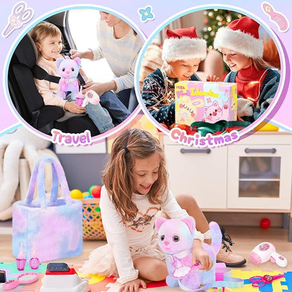 NINAOR Plush Interactive Cat Toys for Kids with Tote Bags, Stuffed Robot Pet Kitten with Leash Walking Meow Pretend Play, Realistic Cute Stuff Fidget Toys for Toddler Stocking Stuffers Birthday Gifts