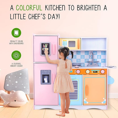 Lil' Jumbl Kids Kitchen Set, Pretend Wooden Play Kitchen with Chalk Board, Play Phone, Towel Rack & Ice Dispenser, Clicking Knobs, Pots & Utensils Included - Colorful