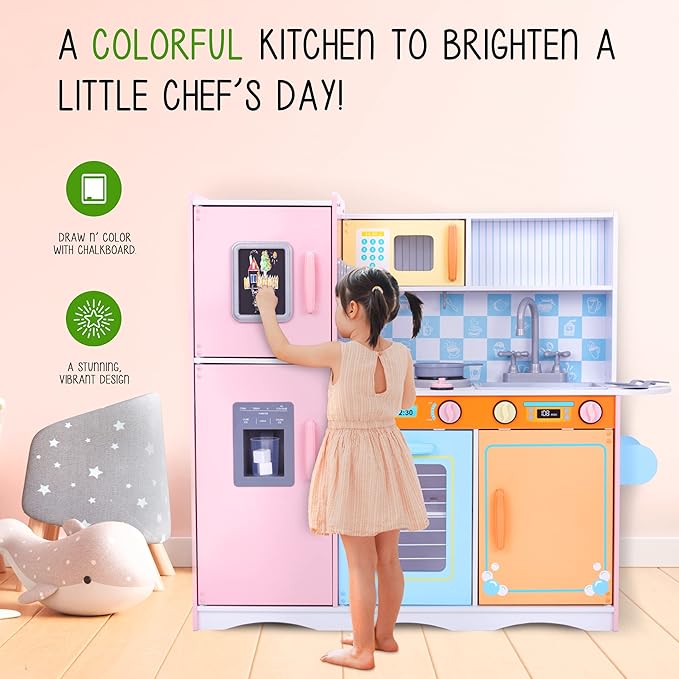 Lil' Jumbl Kids Kitchen Set, Pretend Wooden Play Kitchen with Chalk Board, Play Phone, Towel Rack & Ice Dispenser, Clicking Knobs, Pots & Utensils Included - Colorful