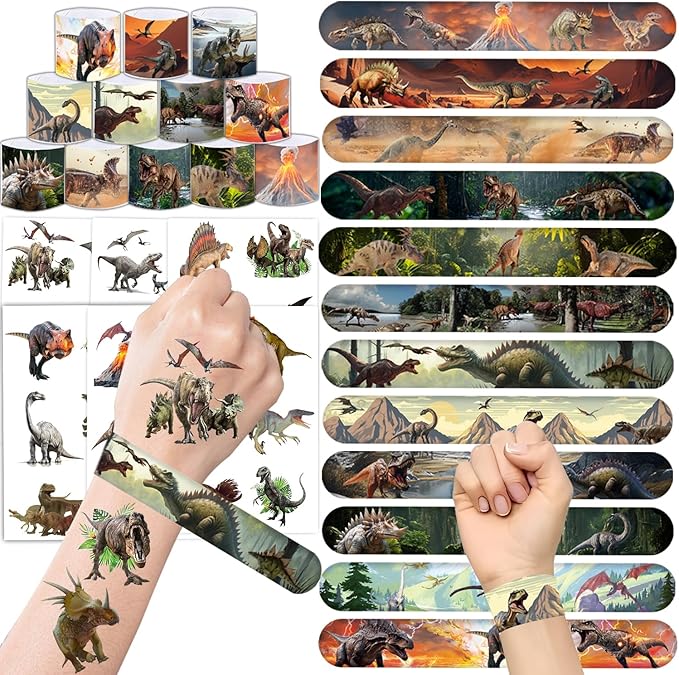 60PCS Realistic Dinosaur Party Favors Set include 36Pcs Dinosaur Temporary Tattoos Stickers, 24Pcs Dinosaur Slap Bracelet for Forest Dinosaur Dino Party Favors Prehistoric Dinosaur Themed Supplies