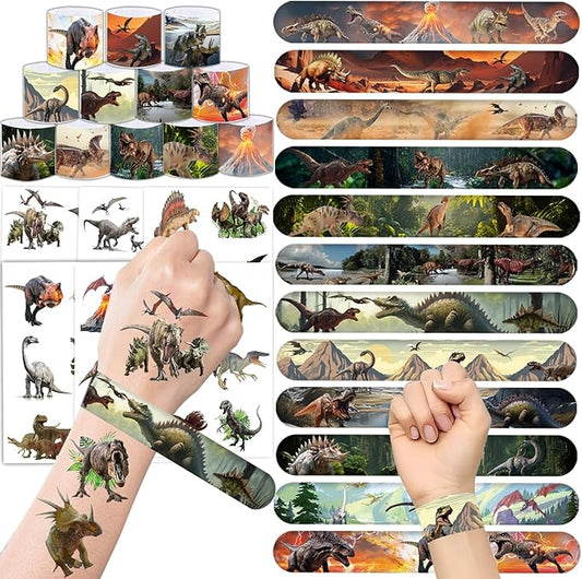 60PCS Realistic Dinosaur Party Favors Set include 36Pcs Dinosaur Temporary Tattoos Stickers, 24Pcs Dinosaur Slap Bracelet for Forest Dinosaur Dino Party Favors Prehistoric Dinosaur Themed Supplies