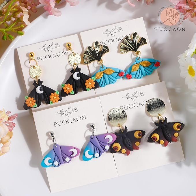 Puocaon Celeste Moth Clay Cutters - 4 Shapes Polymer Clay Cutters for Earrings, Moth Moon Shape Clay Cutters for Polymer Clay Jewelry Making, Mystical Moth Clay Cutter Supplies Clay Earring Cutters