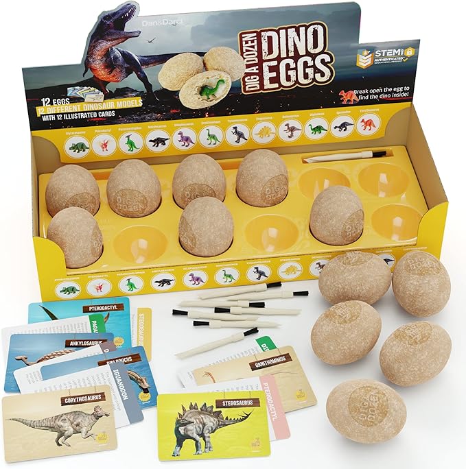 Dan&Darci Easter Dig a Dozen Dino Egg Kit for Kids - Dinosaur Toys Gift 3-12 Year Old - 12 Eggs & Surprise Dinosaurs - Science STEM Activities - Educational Boy Toy Party Gifts for Boys & Girls