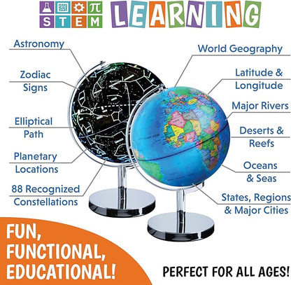USA Toyz Illuminated World Globe with Stand - 3in1 STEM Globes for Adults and Kids, Constellation Map, Built-In LED Night Light Lamp, Easy to Read Texts, Non-Tip Base, 13.5 Inch Tall, 9 Inch Diameter