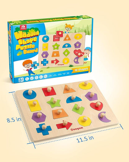 Coogam Montessori Toy Wooden Shape Peg Puzzle, Fine Motor Color Matching Sorting Board, Early Learning Educational Activity Toy Gift for Preschool Toddler Baby 3 4 5 Year Old