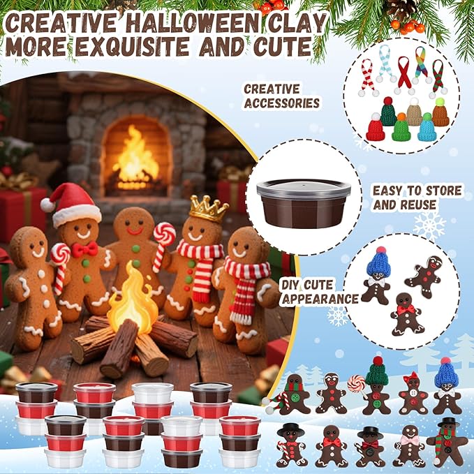 Arrowbash 412 Pcs Christmas Gingerbread Man DIY Crafts Kit, 36 Pack Air Dry Clay Crafts Make You Own Gingerbread Man Modeling Indoor Decorations Gift for Holiday Winter Party Supplies