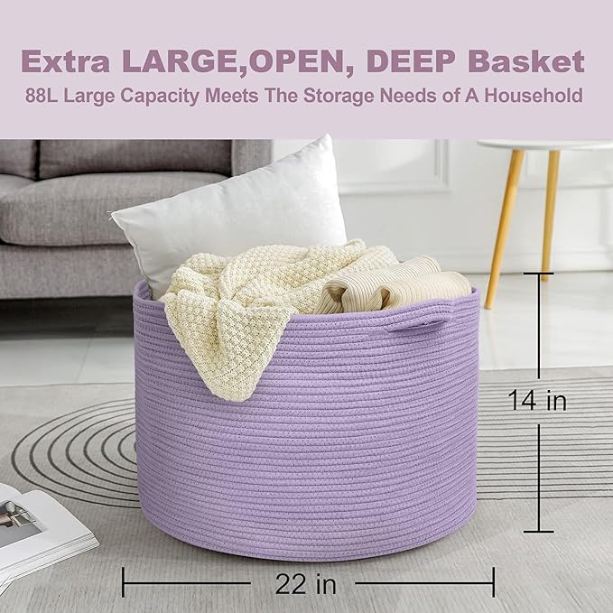 MEGASKET Purple Rope Storage Basket, 22" X 14" Large Woven Baskets, Jumbo Floor Bin for Throw Blankets Pillows, Baby Laundry Basket, Dirty Clothes Organizer, Big Storage Bin for Toys, Towels