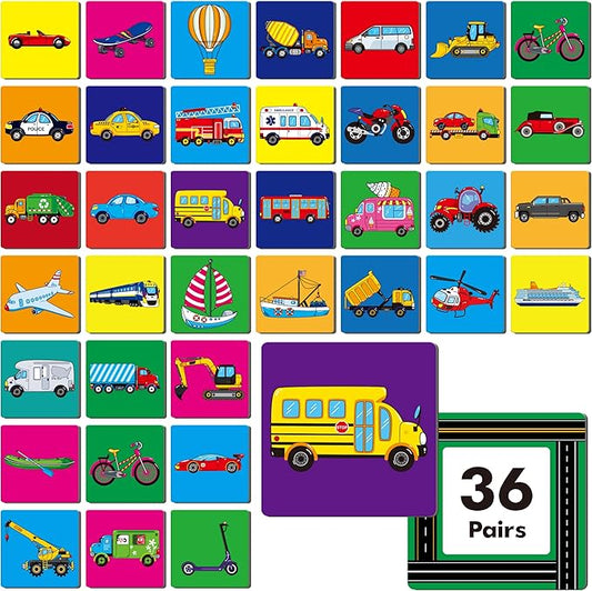 Vehicle Matching Game, 72 PCS Traffic Memory Matching Cards for Toddlers 36 Pairs Transportation Memory Cards Educational Toys for Preschool Boys & Girls 4 5 6 Years Old