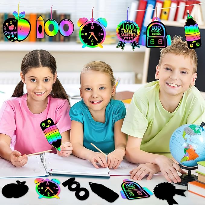JULMELON 36 PCS 100 Days of School Scratch Art for Kids, Rainbow Magic Scratch Paper 100th Day of School Craft Kit for Kids 100th Day of School Gifts Classroom Activities Project Party Favors