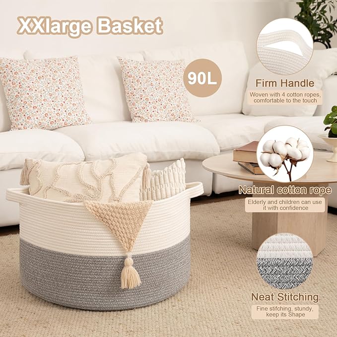 OIAHOMY 90L XXXLarge Blanket Basket for Living Room, 21.7" x 13.8" Woven Cotton Rope Laundry Basket for Organizing Pillows, Decorative Stuffed Animal Toy Storage Bin for Nursery, White and Light Grey