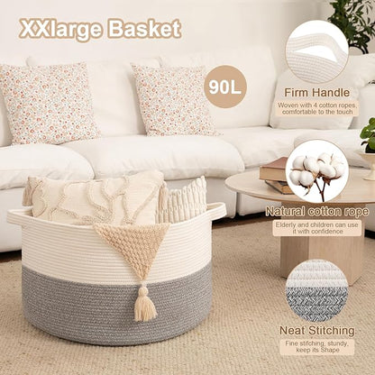 OIAHOMY 90L XXXLarge Blanket Basket for Living Room, 21.7" x 13.8" Woven Cotton Rope Laundry Basket for Organizing Pillows, Decorative Stuffed Animal Toy Storage Bin for Nursery, White and Light Grey
