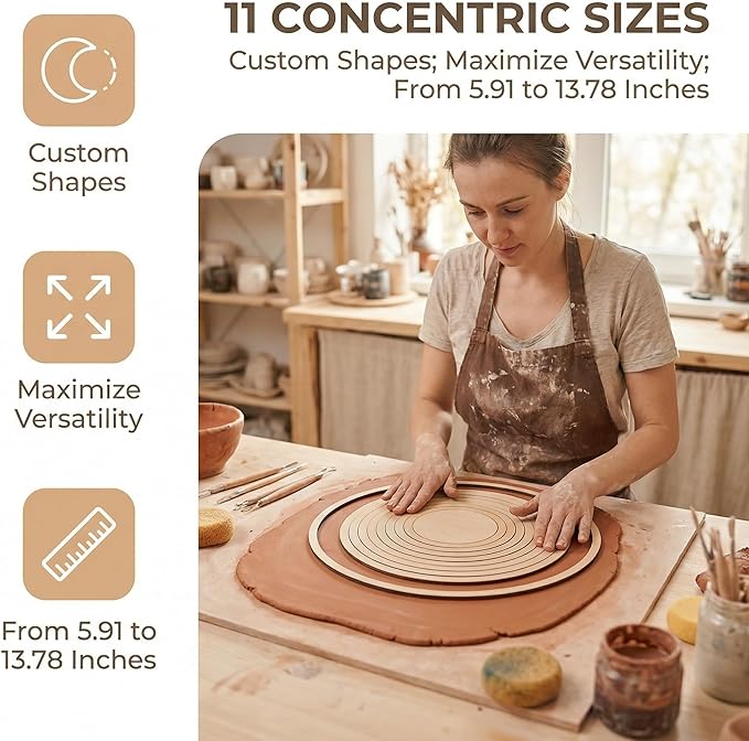 Wooden Concentric Cutting Guide for Pottery - 11 Piece Clay Cutting Tools Set for Accurate Ceramics Shaping and Modeling