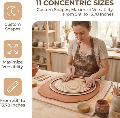 Wooden Concentric Cutting Guide for Pottery - 11 Piece Clay Cutting Tools Set for Accurate Ceramics Shaping and Modeling