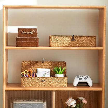 Nonam Seagrass Storage Small Basket with Lid - 3-Section Divided Organizer for Tea,Sugar,Coffee,Tampons - Woven Shelf Bin for Closet, Toilet Tank - Rectangular Narrow Boho Basket Home Decor
