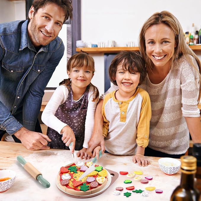 GAGAKU Wooden Pizza Toys for Kids 27Pcs Wood Cooking Toys Cutting Play Food Set for Toddlers Pretend Play Kitchen Accessories Toys for Toddlers Aged 3-8, for Boys and Girls