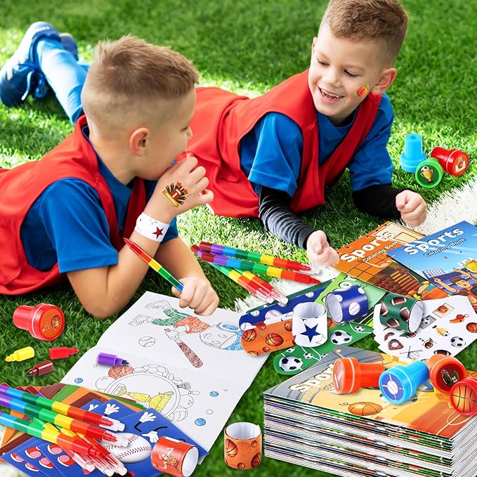BenLouis 96Pcs Sports Party Favors Football Basketball Soccer Baseball Party Coloring Books Set Bulk for Kids Sports Themed Party Team Gift Goodie Bag Fillers School Classroom games Rewards