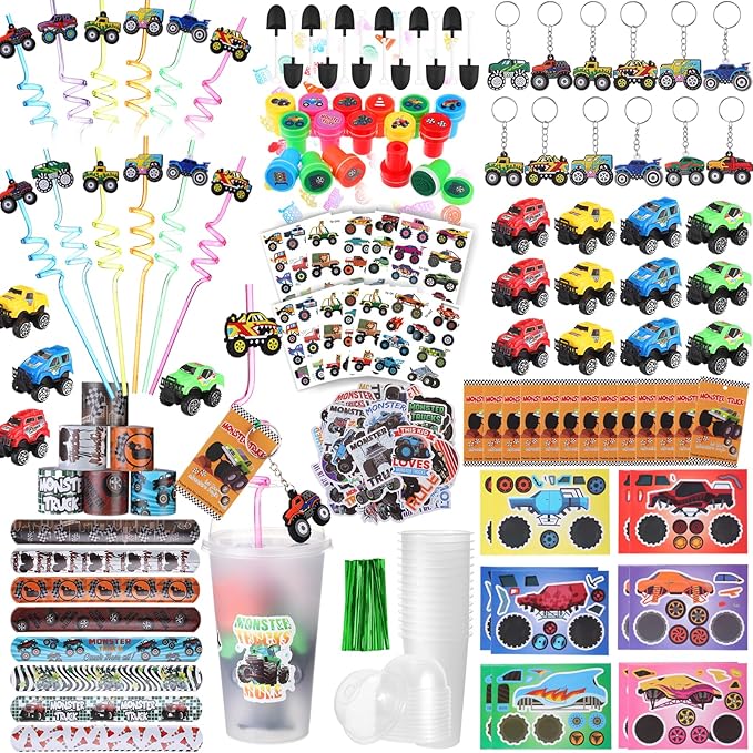HyDren 171 Pcs Truck Party Favors Included Gift Cup Straw Keychain Slap Bracelet Mini Truck Puzzle Sticker Stamper Card Tattoo Sticker Shovel Sticker Tag Cable Tie for Birthday Gift Prize