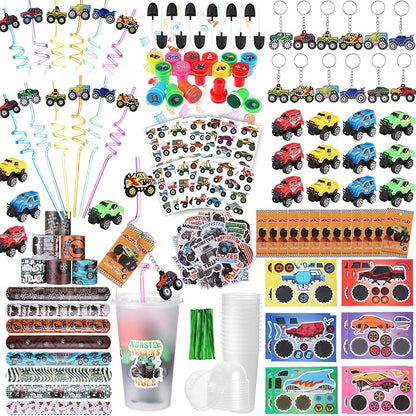 HyDren 211 Pcs Truck Party Favors Included Gift Cup Straw Keychain Slap Bracelet Mini Truck Sticker Stamper Card Tattoo Sticker Shovel Sticker Tag Cable Tie For Birthday Gift Prize