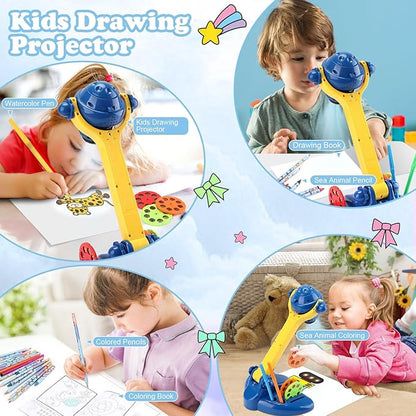 Hoarosall Drawing Projector for Kids, Art and Craft Kit, Toys for Boys Aged 3+, Drawing Supplies, Including Colored Pencils, Crayons, Coloring Books, Gift for 3+ Year Old Boys (Dark Blue)