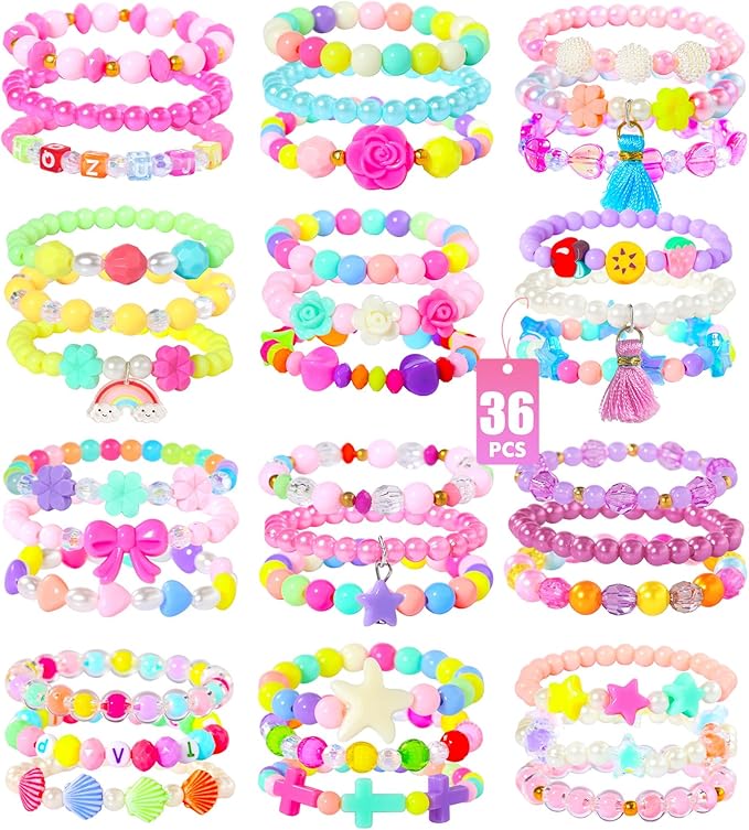 PinkSheep Bracelets for Girls Jewelry: 36 Pcs Bluk Little Girl Bracelets, Cute Kids Bracelets for Girls 2 3 4 5 6 7 Years Old - Princess Bracelets for Teen Girls - Play Jewelry Gift