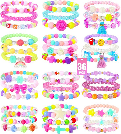 PinkSheep Bracelets for Girls Jewelry: 36 Pcs Bluk Little Girl Bracelets, Cute Kids Bracelets for Girls 2 3 4 5 6 7 Years Old - Princess Bracelets for Teen Girls - Play Jewelry Gift