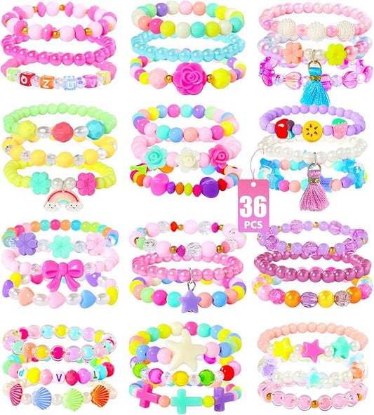 PinkSheep Bracelets for Girls Jewelry: 36 Pcs Bluk Little Girl Bracelets, Cute Kids Bracelets for Girls 2 3 4 5 6 7 Years Old - Princess Bracelets for Teen Girls - Play Jewelry Gift
