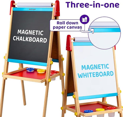 Blue Squid Art Easel for Kids - Dual-Sided Adjustable Wooden Painting Easels, Gift for Toddlers and Kid - with Magnetic Chalk Board, White Board & Paper Roll, (Multicolor +100 Accessories, Premium)