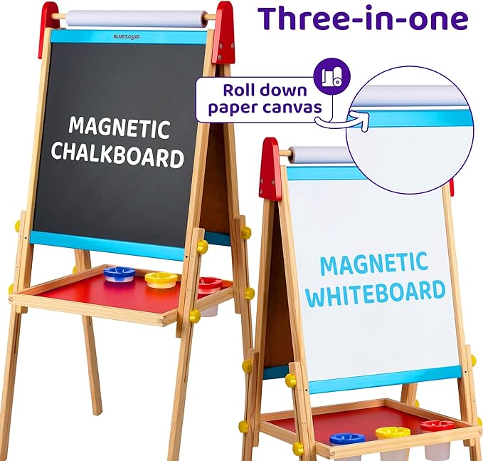 Blue Squid Art Easel for Kids - Dual-Sided Adjustable Wooden Painting Easels, Gift for Toddlers and Kid - with Magnetic Chalk Board, White Board & Paper Roll, (Multicolor +100 Accessories, Premium)