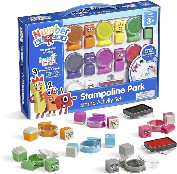 hand2mind Numberblocks Stampoline Park Stamp Activity Set, 20 Kids Stamps, 12 Washable Ink Pads, Number Toys, Preschool Learning Activities, Math Toys, Toddler Counting Toys, Birthday Gifts for Kids