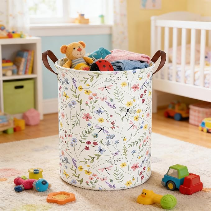 Flower Laundry Hamper,Nursery Hampers,Waterproof folding Boho Flower Plants Kid Laundry Hamper with Handle,Clothes Organizer Basket,Gift Baskets,Room Decor(Butterfly flowers)