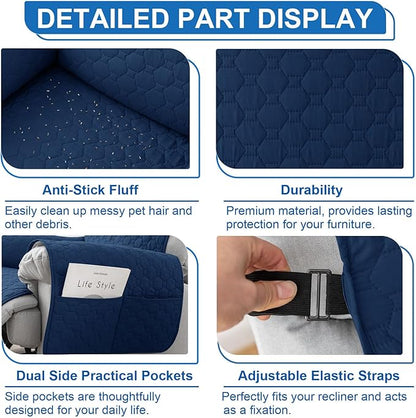 100% Waterproof Recliner Chair Covers That Stay in Place, Non-Slip Recliner Cover with 5 Pockets, Elastic Straps, Washable Reclining Chair Protector for Kids, Pets, Dogs, Dark Blue