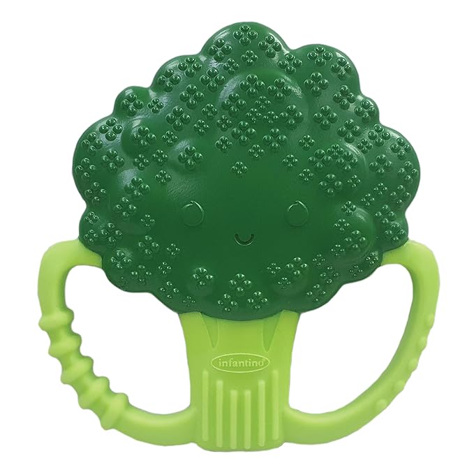 Infantino Lil' Nibbles Textured Silicone Baby Teether - Sensory Exploration and Teething Relief with Easy to Hold Handles, Green Broccoli, 0+ Months