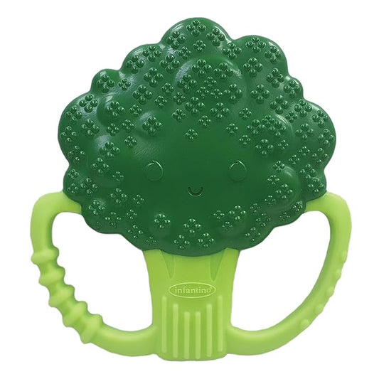 Infantino Lil' Nibbles Textured Silicone Baby Teether - Sensory Exploration and Teething Relief with Easy to Hold Handles, Green Broccoli, 0+ Months