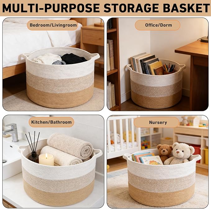 65L Large Blanket Basket, 19.7" L x 19.7" W x 13" H Cotton Rope Woven Storage Basket,Laundry Hamper for Toys, Clothes, Pillows & Towels, Perfect for Living Room, Nursery & Bedroom,Yellow