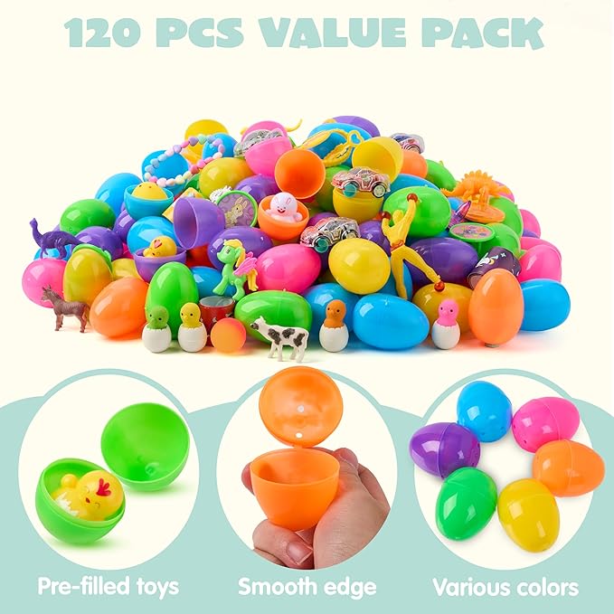 JOYIN 120 Pcs Prefilled Easter Eggs with Novelty Toys and Plus Stickers Inside, Plastic Easter Eggs Fillers, Basket Stuffers Egg Hunt Supplies, Theme Party Favor