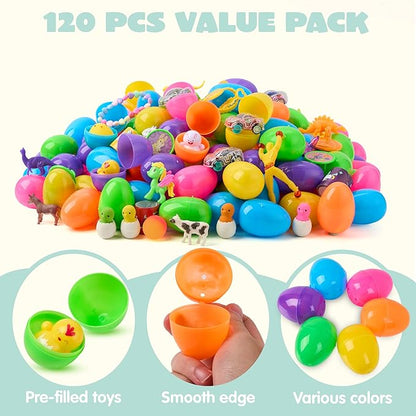 JOYIN 120 Pcs Prefilled Easter Eggs with Novelty Toys and Plus Stickers Inside, Plastic Easter Eggs Fillers, Basket Stuffers Egg Hunt Supplies, Theme Party Favor