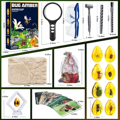 Amber Dig Kit - Insects in Resin, 8 Insects Specimens Excavation Kit, Gemstone Bugs for Kids, Fossil Bug Toys Dig Kits for Bugs Collection, Insect Toys for Boys Girls 6 and up Year Old Birthday Gifts