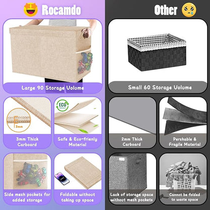 Large Toy Storage Box with Lid Divider, Sturdy Collapsible Toys Organizer Chest Kids Storage Bins Boxes Baskets for Boys, Girls, Nursery, Bedroom, Living Room, Playroom, 25"x13"x16", Beige