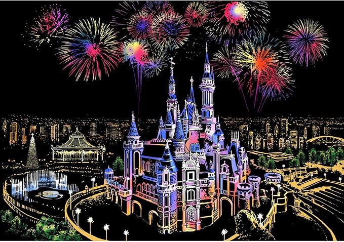 Georgie Porgy Scratch Paper Art A3 Set DIY Arts and Crafts Kits for Kids Adults, Magic Rainbow Scratch Postcard for Christmas Birthday Gift with Scratching Tools Kit (Amusement Park+ Dream Castle)