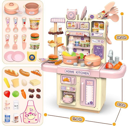 Mini Kids Kitchen Playset with Apron, Play Kitchen Toy with Realistic Steam and Lights, Play Sink and Toy Kitchen Accessories, Pretend Play Gift for Toddlers 3-5 Boys Girls (Pink)