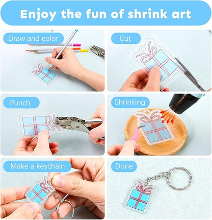 Auihiay 145 Pieces Shrink Plastic Sheet Kit Include 20 PCS Shrinky Paper with 125 PCS Keychains Accessories for Kids Creative Craft