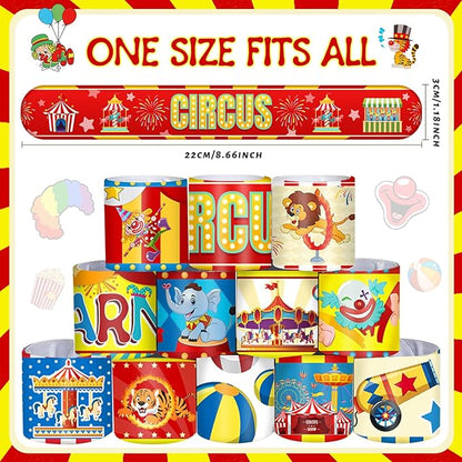 Carnival Party Favors 60 PCS Circus Carnival Clown Animal Slap Bracelets Wristbands for Kids Carnival Theme Birthday Party Decorations Supplies Baby Shower Classroom Rewards Gifts