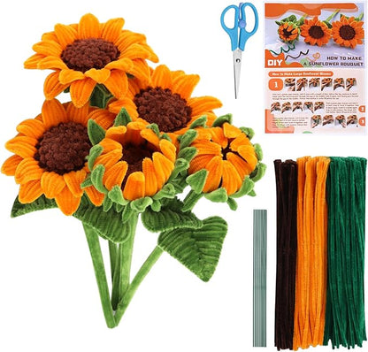 430PCS Pipe Cleaners Chenille Stem Craft Flower Supplies, Pipe Cleaner Flowers Crafts, Pipe Cleaner Sunflowers Kit with Instructions, 3 Colors Pipe Cleaners Set for DIY Art Craft Decorations-5 flowers